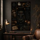 A dark, moody room scene with a large decorative wall poster featuring gothic book-themed text and illustrations, mounted above a wooden console table with a lamp, candles, books, and a leather armchair.