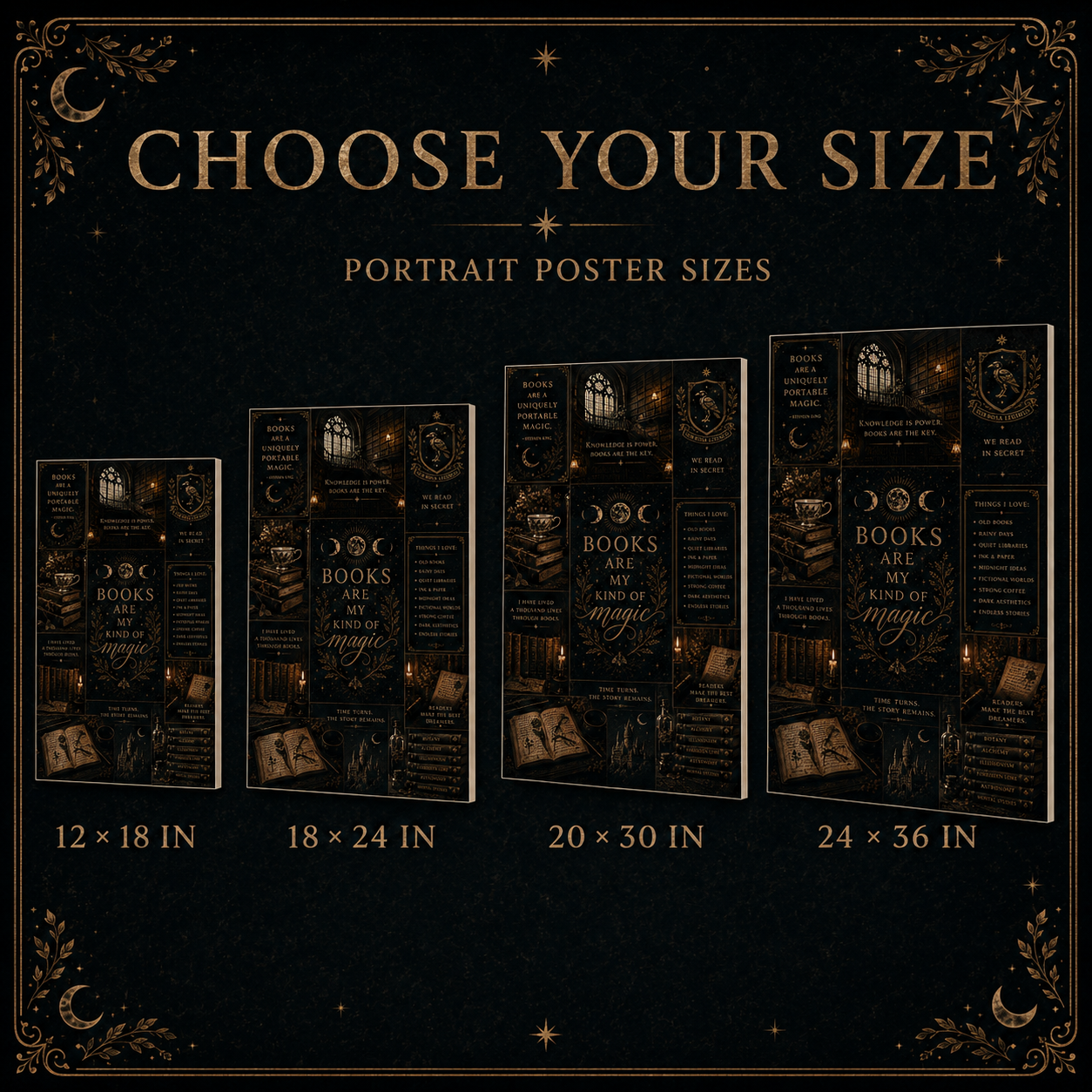 A size chart graphic for a portrait poster featuring four different sizes: 12x18 in, 18x24 in, 20x30 in, and 24x36 in. The posters are displayed in a row with decorative gold text reading &