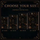 A size chart graphic for a portrait poster featuring four different sizes: 12x18 in, 18x24 in, 20x30 in, and 24x36 in. The posters are displayed in a row with decorative gold text reading &