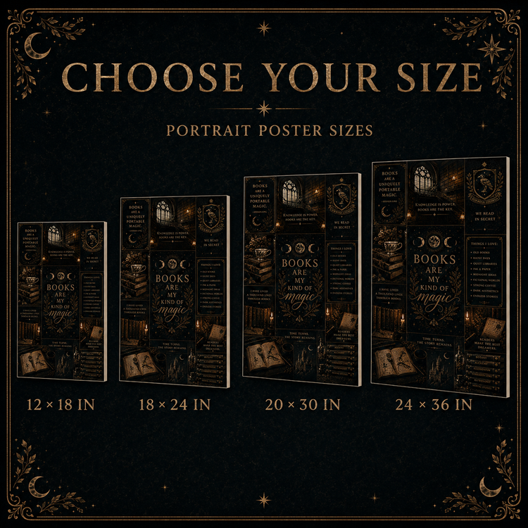 A size chart graphic for a portrait poster featuring four different sizes: 12x18 in, 18x24 in, 20x30 in, and 24x36 in. The posters are displayed in a row with decorative gold text reading &