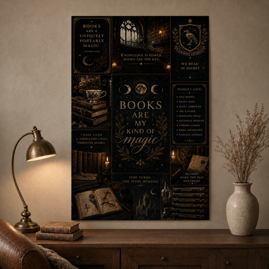 A vertical wall art print featuring gothic book-themed quotes and illustrations, displayed on a beige wall above a wooden cabinet. The print is styled in a cozy room setting with a lit brass desk lamp on the left, a ceramic vase with dried branches on the right, and a few old books on the cabinet.