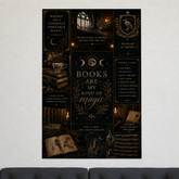 A vertical wall art print with a dark gothic design featuring quotes about books, illustrated books, candles, and moon phases, displayed on a light gray wall above a dark gray sofa.