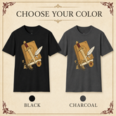 A color selection graphic showing two short-sleeve graphic T-shirts side by side with the text &