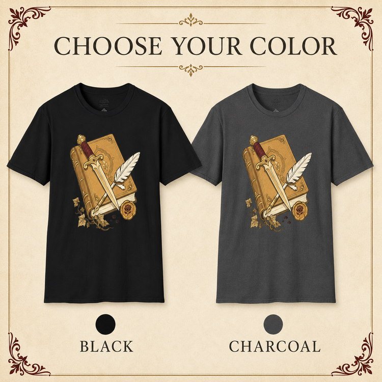 A color selection graphic showing two short-sleeve graphic T-shirts side by side with the text &