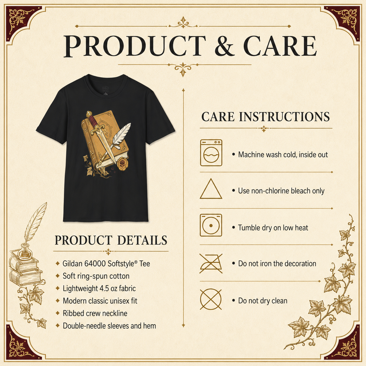 A product and care information graphic for a black graphic T-shirt. The layout shows the shirt on the left with printed details about its material and construction, and a care instructions panel on the right with icons and text for washing, bleaching, drying, and ironing.