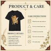 A product and care information graphic for a black graphic T-shirt. The layout shows the shirt on the left with printed details about its material and construction, and a care instructions panel on the right with icons and text for washing, bleaching, drying, and ironing.