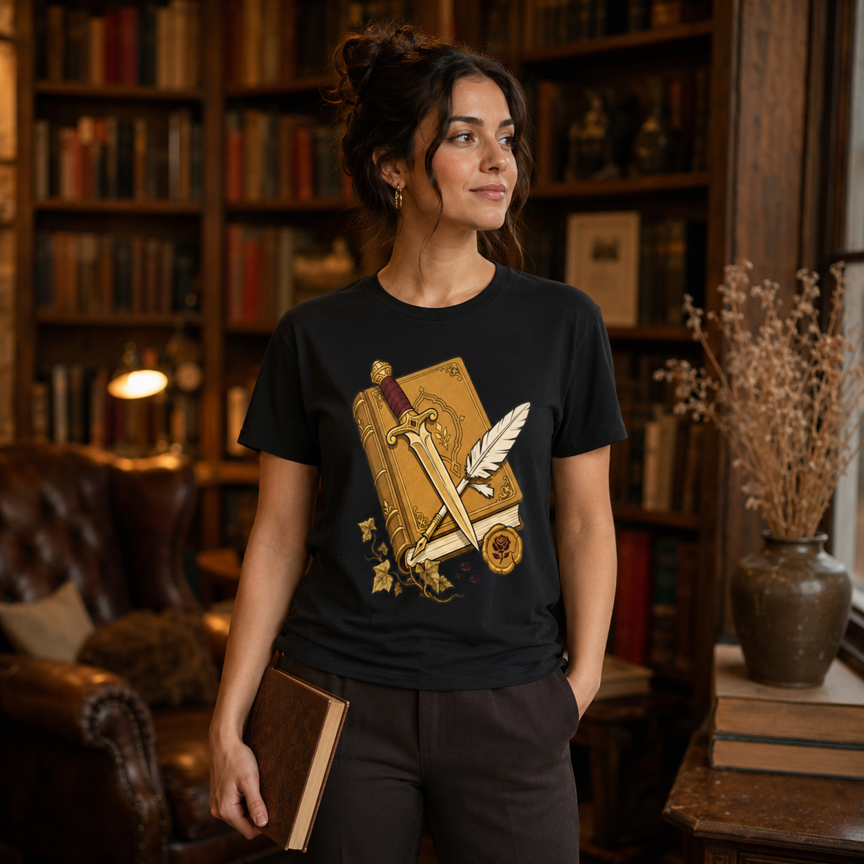A woman stands in a cozy, dimly lit bookshop wearing a black graphic t-shirt with a gold and brown illustration of an open book, sword, and feather quill. She holds a book in her hand, with wooden bookshelves and a leather armchair in the background.