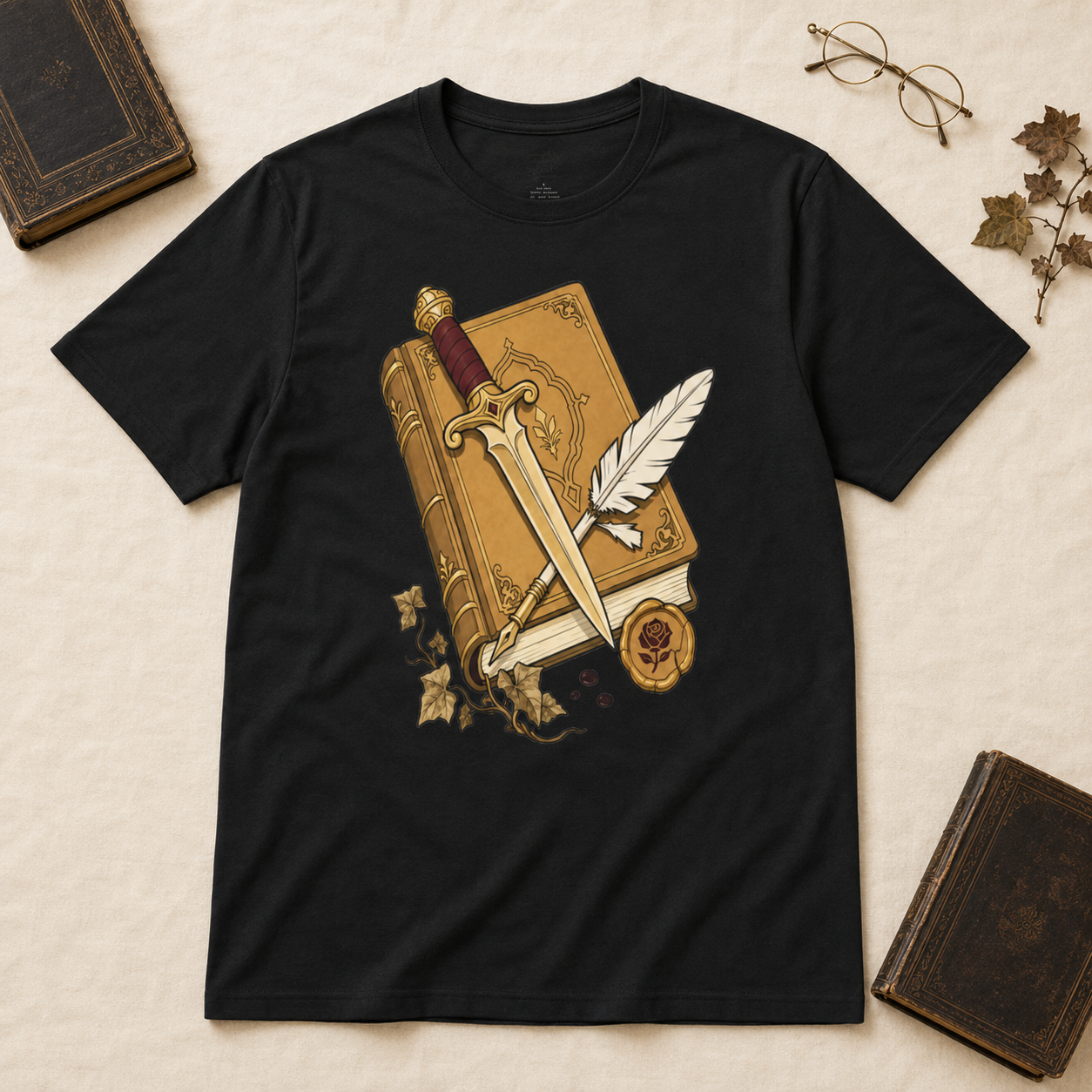 A black short-sleeve t-shirt laid flat on a textured cream background, featuring a graphic print of an antique gold book, a silver dagger, and a white feather quill. The shirt is styled with vintage props including books, glasses, and dried leaves.
