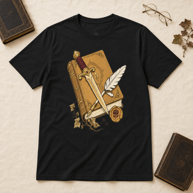A black short-sleeve t-shirt laid flat on a textured cream background, featuring a graphic print of an antique gold book, a silver dagger, and a white feather quill. The shirt is styled with vintage props including books, glasses, and dried leaves.