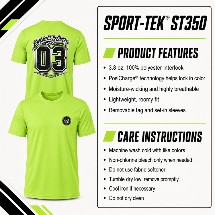 Bright neon yellow-green short-sleeve t-shirt shown from front and back on a white infographic layout with text describing product features and care instructions. The back view shows a large black and white &