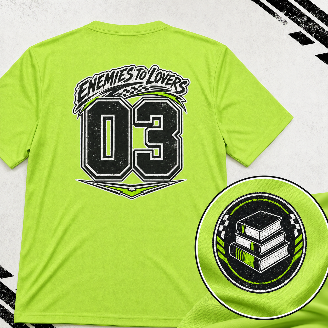 A bright neon yellow-green t-shirt shown from the back, featuring a large graphic print with the text &
