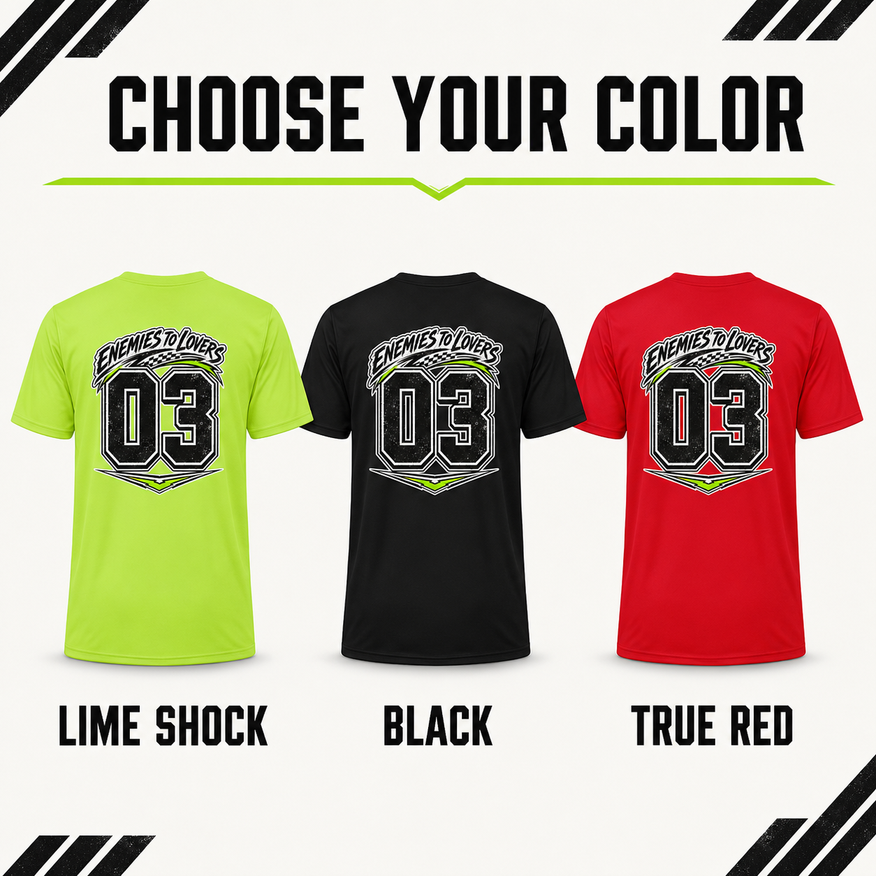 Three short-sleeve graphic T-shirts shown side by side with the text &
