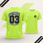 Two views of a neon yellow-green short-sleeve t-shirt. The back view shows a large graphic with the text &
