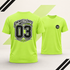 Two views of a neon yellow-green short-sleeve t-shirt. The back view shows a large graphic with the text &