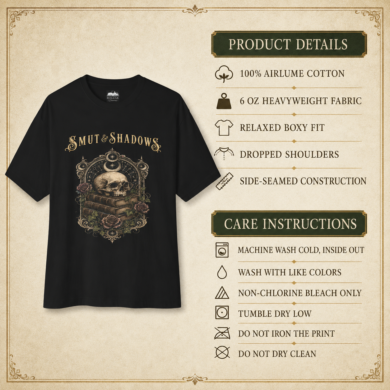A black graphic t-shirt with a gothic skull design and the text &