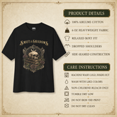 A black graphic t-shirt with a gothic skull design and the text &