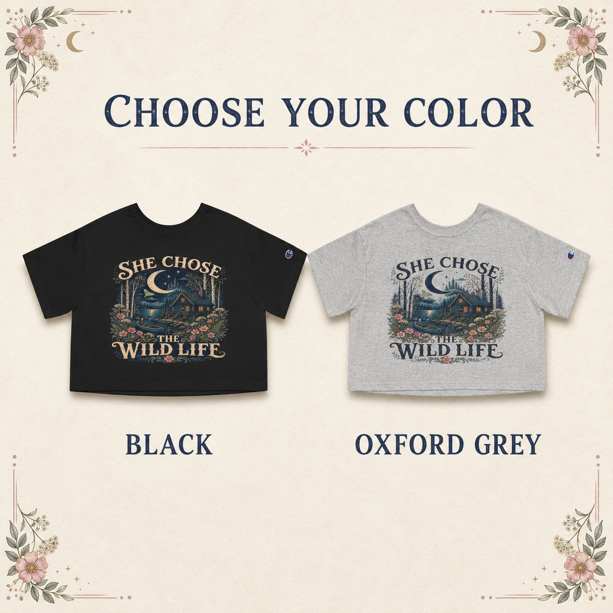 A color selection graphic for a cropped graphic T-shirt showing two versions of the same shirt design: one black and one heather gray, with the text &