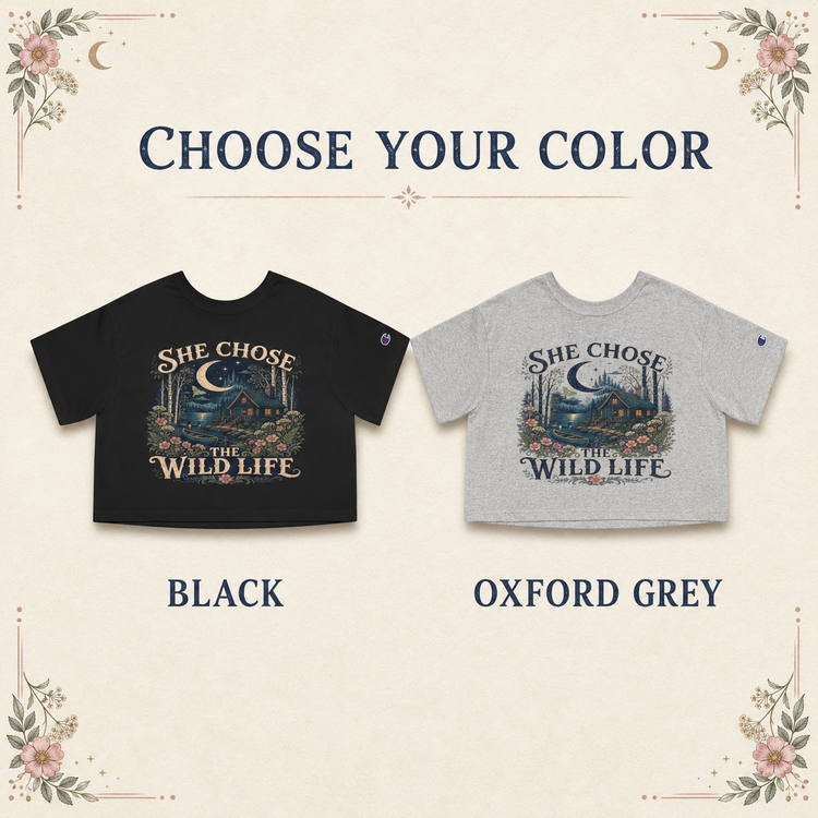 A color selection graphic for a cropped graphic T-shirt showing two versions of the same shirt design: one black and one heather gray, with the text &