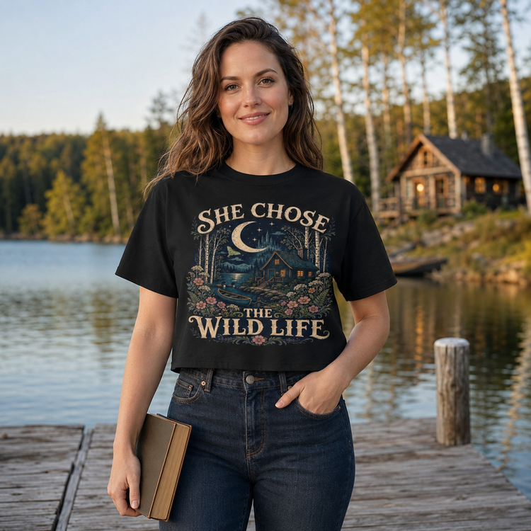 A woman stands on a wooden dock by a lake wearing a black graphic T-shirt that reads &