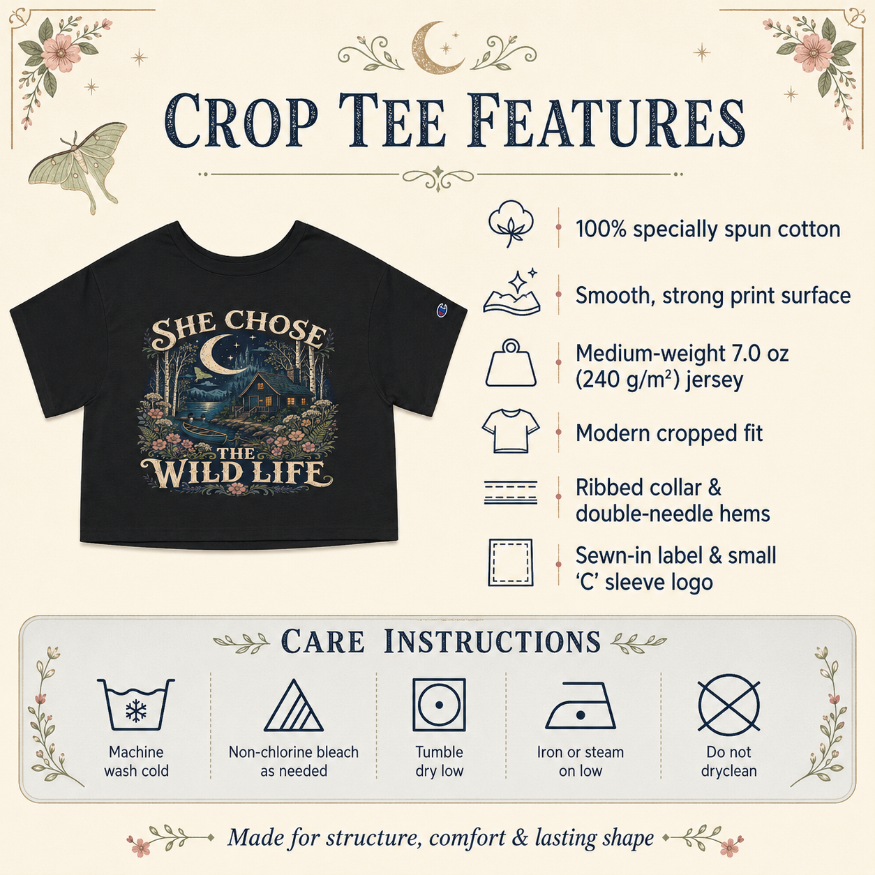 A product infographic for a black crop top t-shirt featuring a graphic print that reads &