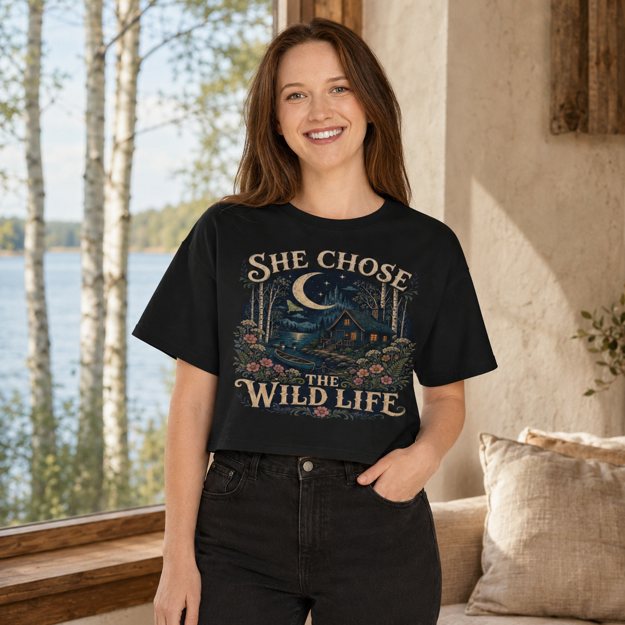 A woman wearing a black graphic t-shirt with the text &