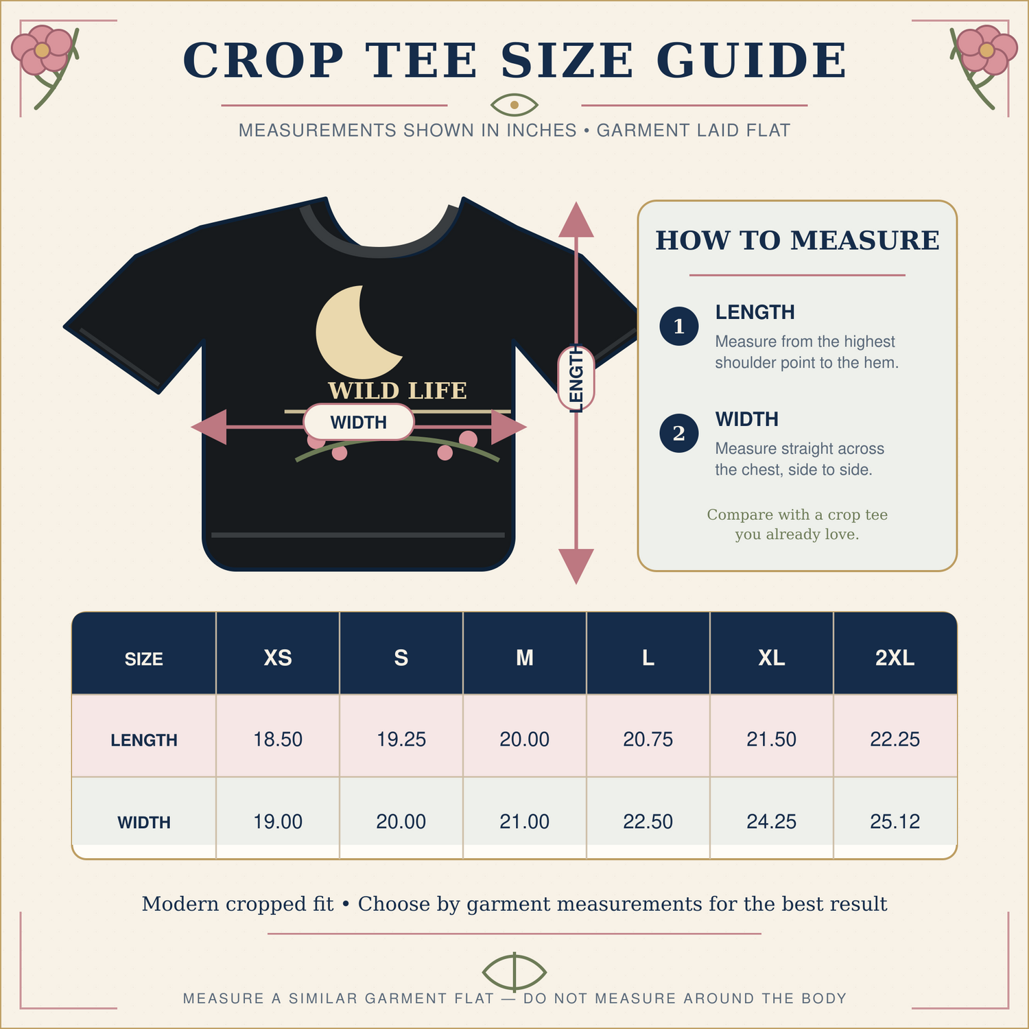 A crop tee size guide infographic showing a black graphic t-shirt with a crescent moon and floral print, measurement arrows, a sizing table from XS to 2XL, and instructions on how to measure garment length and width.