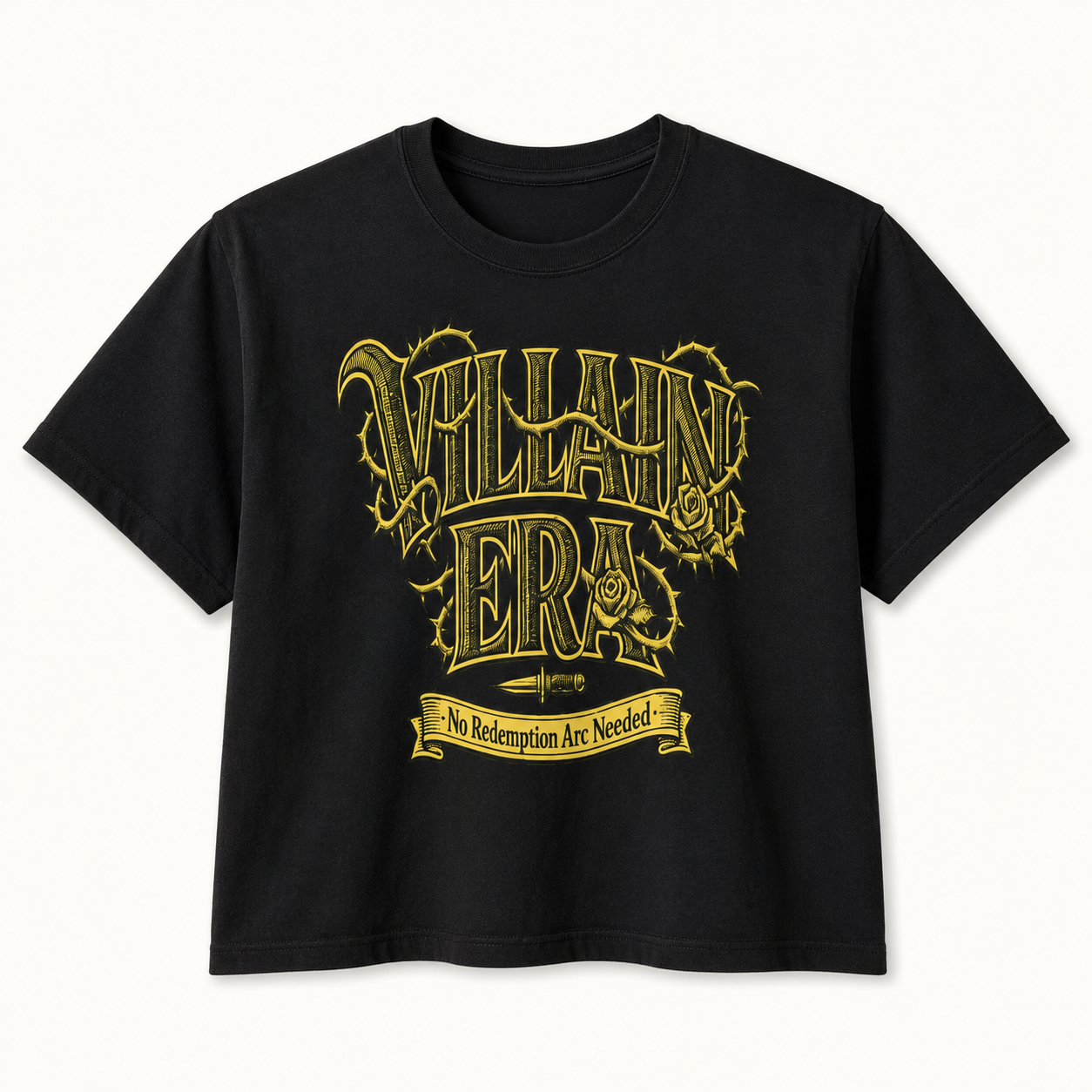A black short-sleeve crewneck t-shirt featuring a stylized gold graphic print on the front that reads &