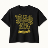 A black short-sleeve crewneck t-shirt featuring a stylized gold graphic print on the front that reads &