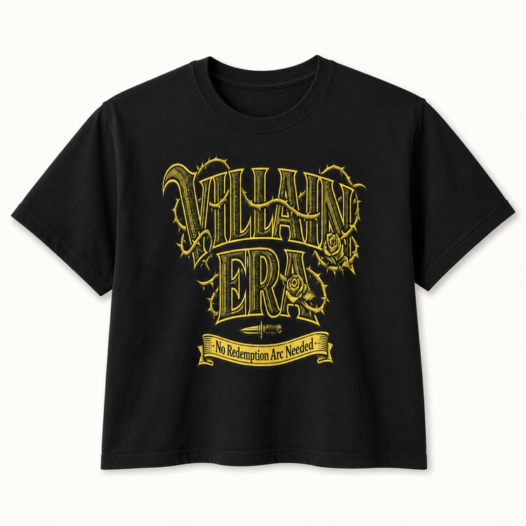 A black short-sleeve crewneck t-shirt featuring a stylized gold graphic print on the front that reads &
