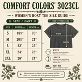 A vintage-style size chart and measurement guide for Comfort Colors 3023CL women&