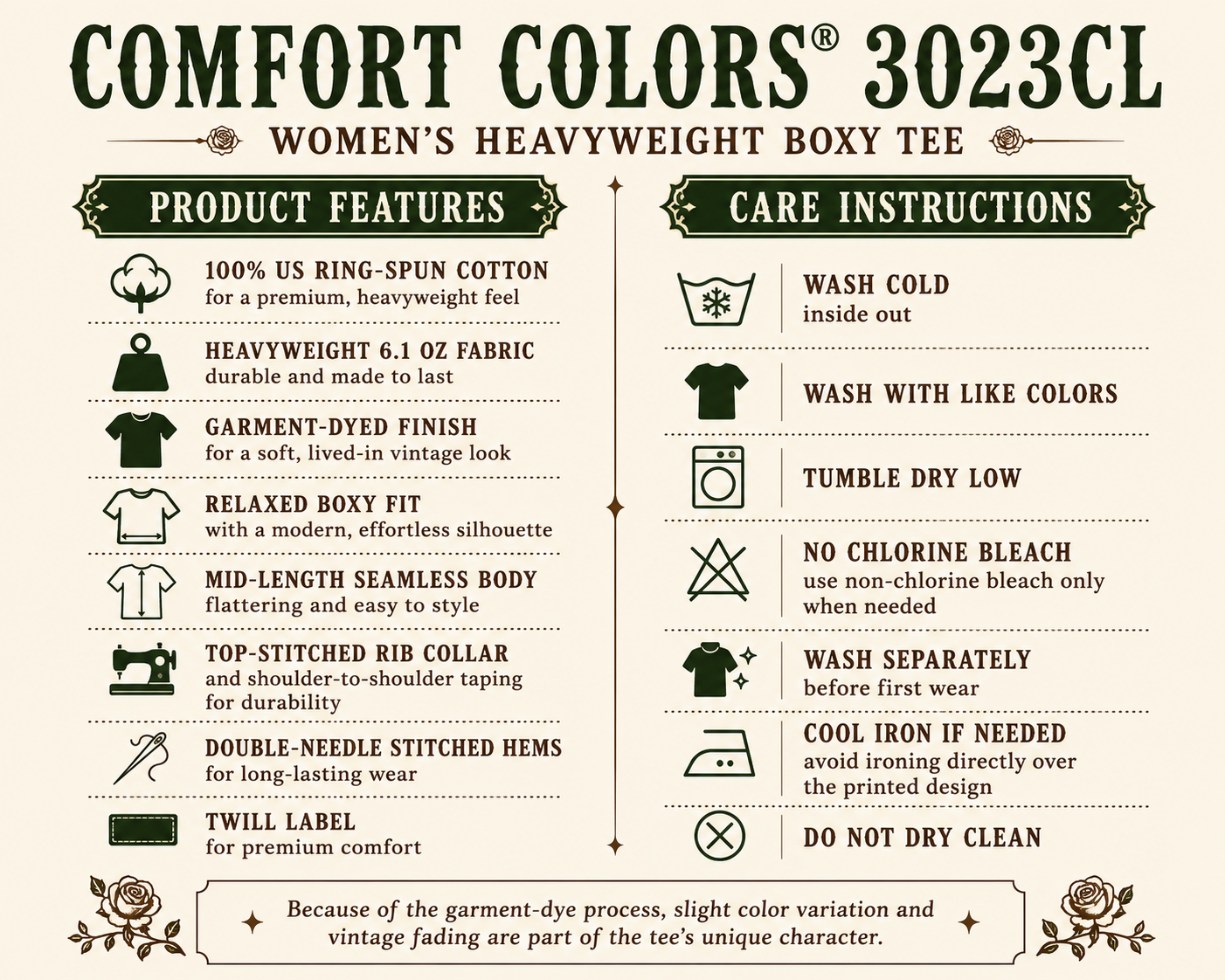An informational product graphic for the Comfort Colors 3023CL women&