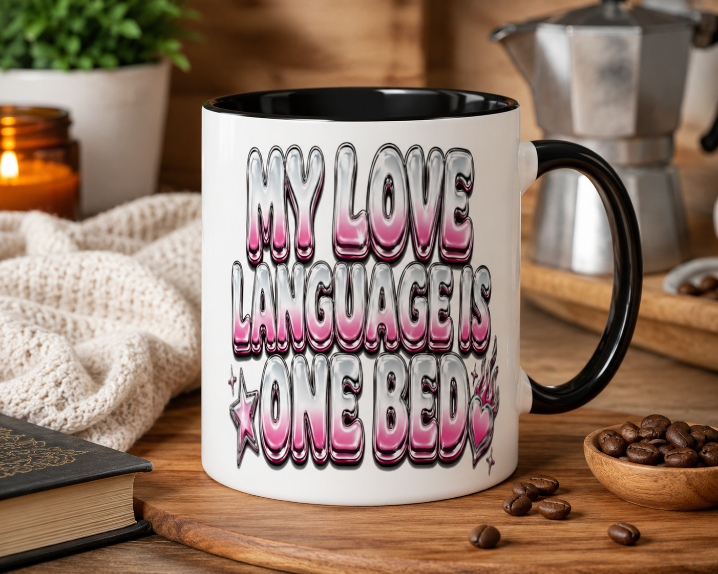 A white ceramic coffee mug with a black handle and interior, featuring the text &