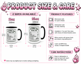 Product size and care information graphic for a white ceramic mug with a black handle and rim, featuring the &