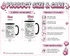Product size and care information graphic for a white ceramic mug with a black handle and rim, featuring the &