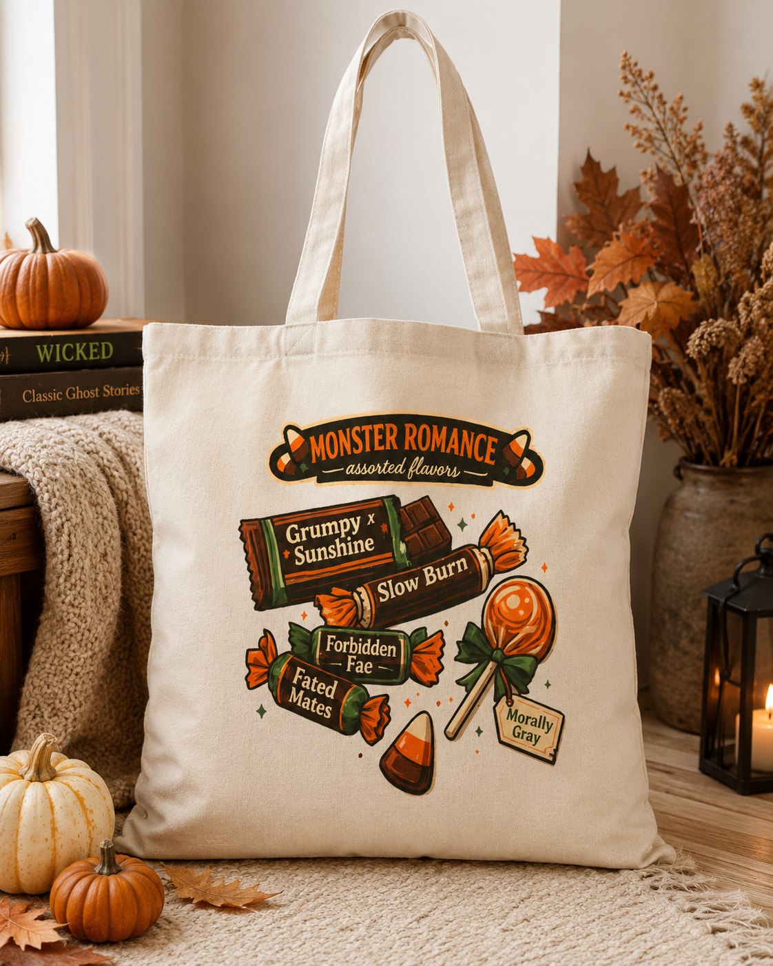 A cream canvas tote bag with a &