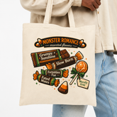 A person wearing a beige button-up shirt and light blue jeans holds a cream canvas tote bag printed with candy illustrations and the text &