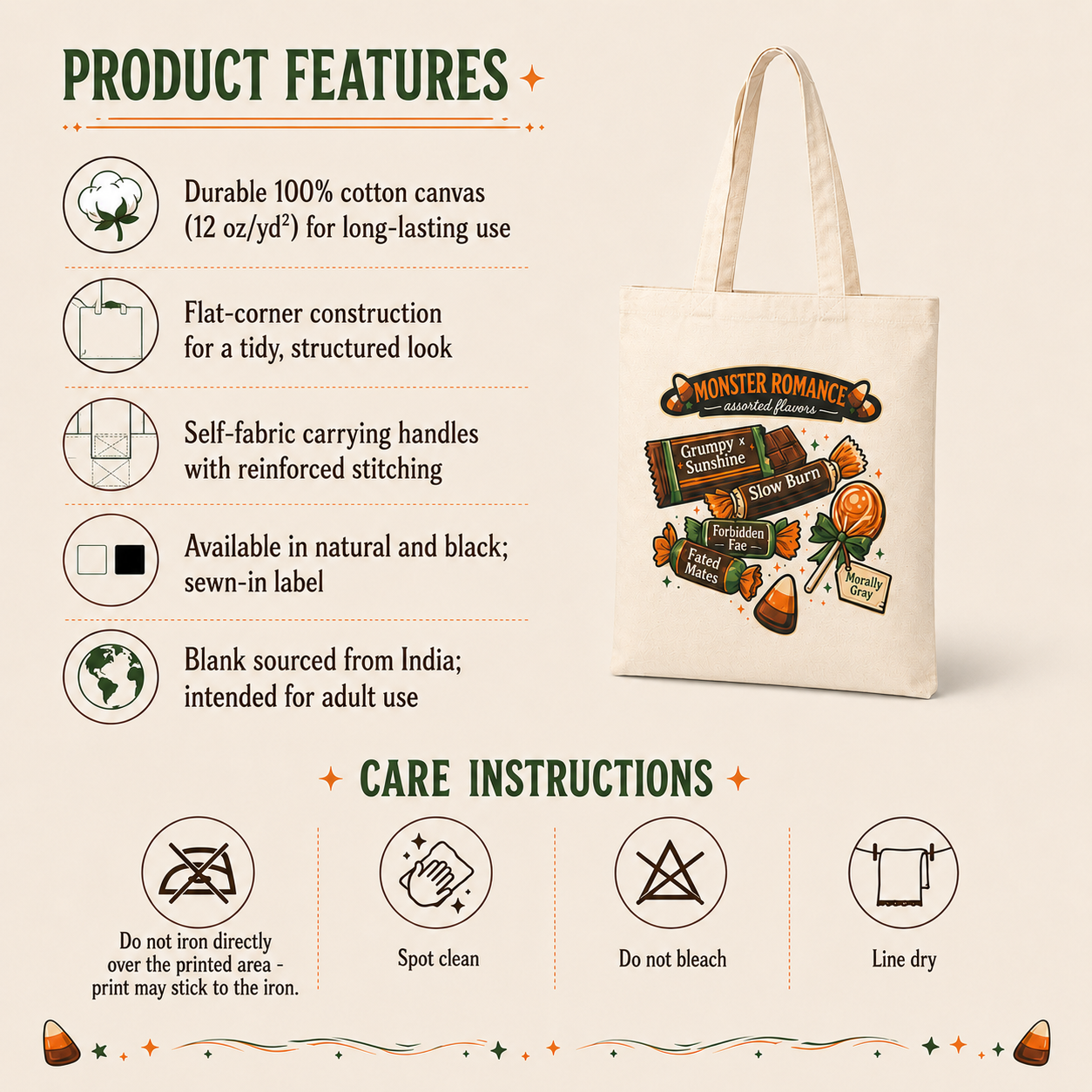 A product information graphic for a canvas tote bag. The right side shows a cream canvas tote with printed candy-themed graphics and the text &