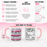 A product information graphic for a ceramic mug showing product features, care instructions, size options, and two views of the mug with pink handles and rims. The front view has a colorful graffiti-style text design reading &