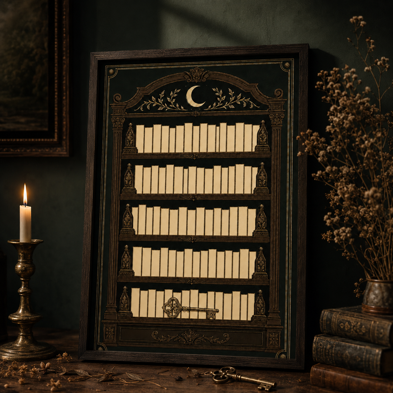 A framed decorative bookshelf display leaning against a dark wall, filled with cream-colored book spines and topped with a crescent moon motif. A lit candle in a brass holder sits to the left, and dried flowers and stacked books are to the right, creating a moody vintage atmosphere.