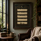 A framed wall art print featuring an ornate dark bookshelf with cream-colored book spines and a crescent moon at the top, displayed in a cozy room setting with a leather armchair, candle, and window.