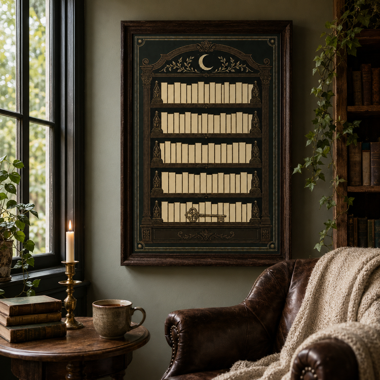 A framed wall art print featuring an ornate dark bookshelf with cream-colored book spines and a crescent moon at the top, displayed in a cozy room setting with a leather armchair, candle, and window.