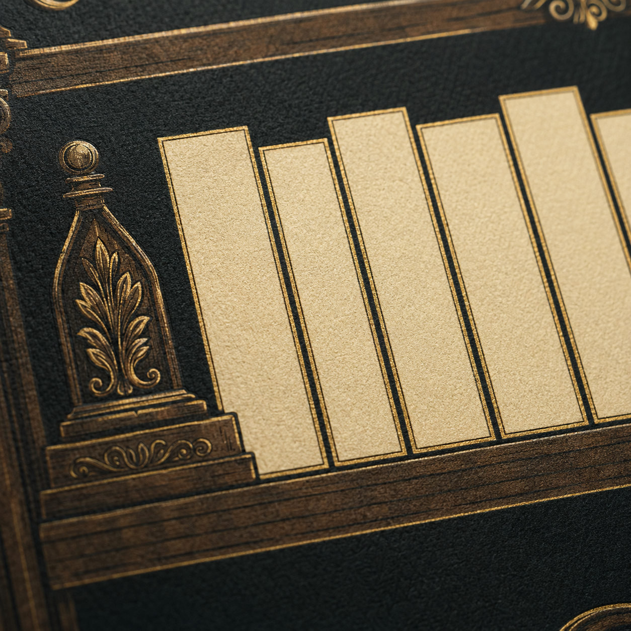 Close-up of an ornate dark brown and gold embossed bookplate or decorative plaque featuring vertical cream panels and carved floral detailing.