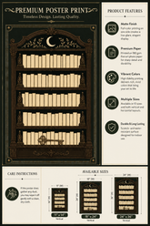 A poster print template featuring a dark wood bookshelf with cream-colored book pages and a crescent moon illustration, presented with product features, care instructions, and available sizes on a beige background.