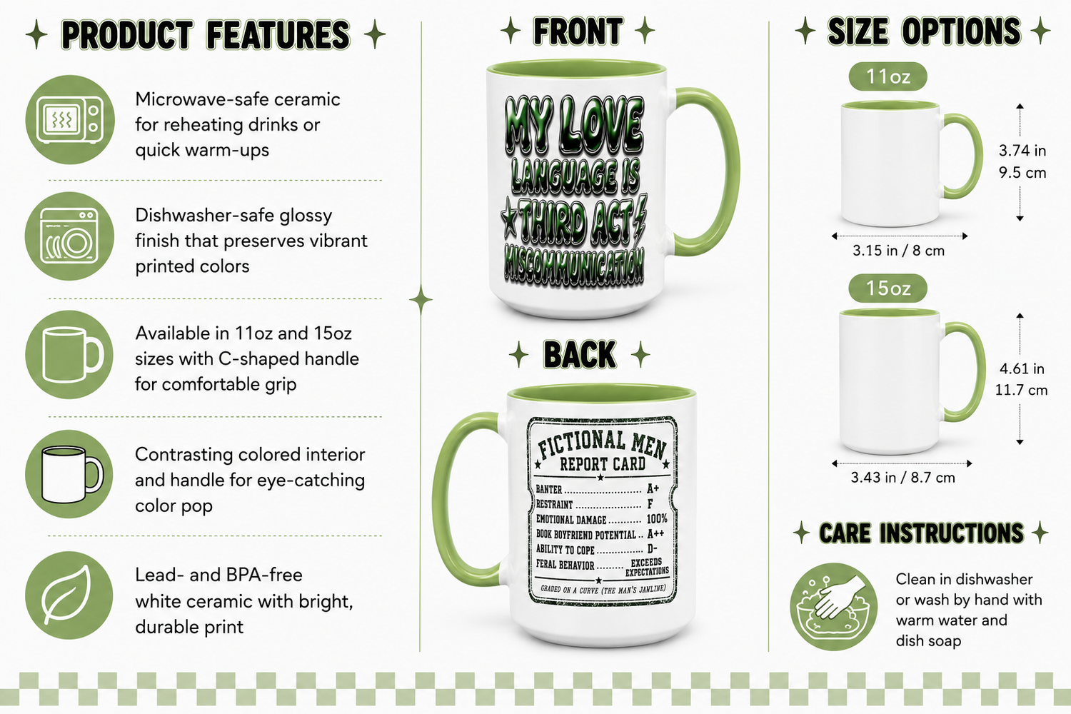 A product information graphic for a ceramic mug showing front and back views, size options labeled 11oz and 15oz, and care instructions. The left and right text panels describe features like dishwasher-safe glossy finish, C-shaped handle, and lead-and-BPA-free white ceramic.