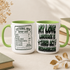 Two white ceramic mugs with green handles and interiors, styled on a beige tabletop with books and dried leaves. One mug shows a vintage-style report card design reading &
