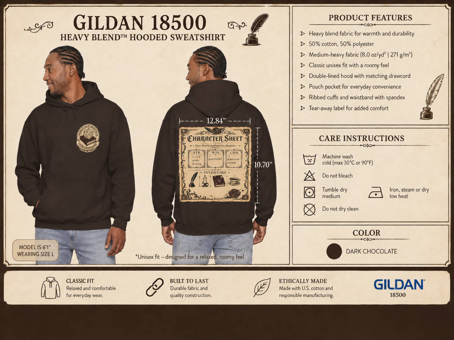 A product information card for the Gildan 18500 Heavy Blend hooded sweatshirt, showing two male models wearing the dark chocolate hoodie from the front and back, alongside product features, care instructions, and a color swatch on a beige background.