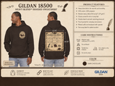 A product information card for the Gildan 18500 Heavy Blend hooded sweatshirt, showing two male models wearing the dark chocolate hoodie from the front and back, alongside product features, care instructions, and a color swatch on a beige background.