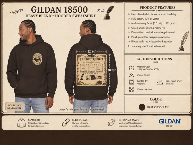 A product information card for the Gildan 18500 Heavy Blend hooded sweatshirt, showing two male models wearing the dark chocolate hoodie from the front and back, alongside product features, care instructions, and a color swatch on a beige background.
