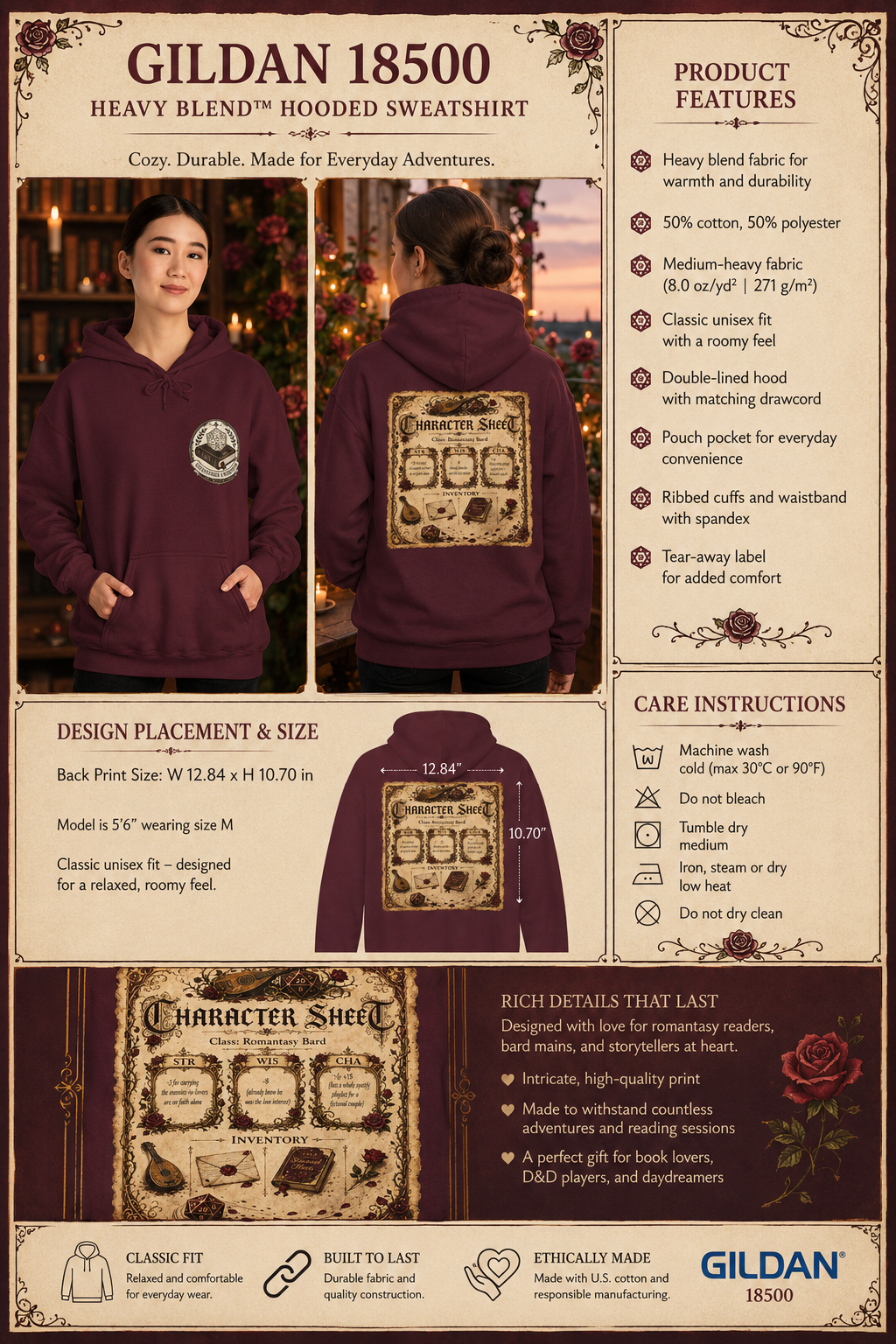 A product information sheet for the Gildan 18500 Heavy Blend hooded sweatshirt, featuring a model wearing the maroon hoodie, product features, design placement & size, care instructions, and a character sheet graphic.
