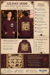 A product information sheet for the Gildan 18500 Heavy Blend hooded sweatshirt, featuring a model wearing the maroon hoodie, product features, design placement & size, care instructions, and a character sheet graphic.